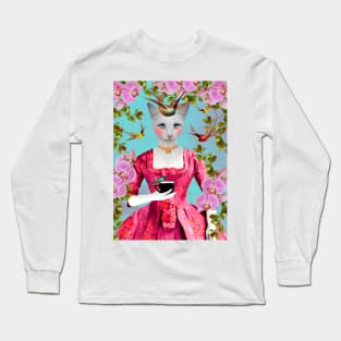 Flowers, Birds and a Cat lady drinking tea Long Sleeve T-Shirt